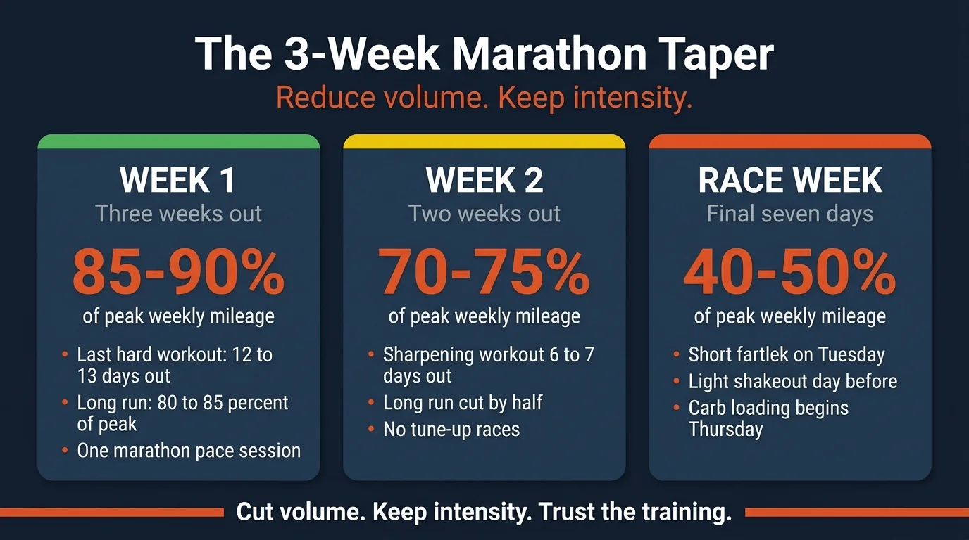 3-week marathon taper overview showing weekly mileage drops from 85-90 percent to 70-75 percent to 40-50 percent of peak, with key workouts for each week