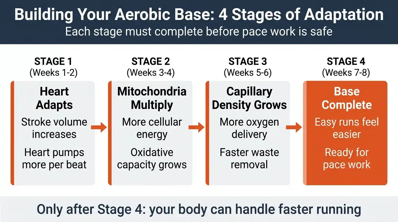 The 4 stages of aerobic base adaptation over 8 weeks of easy running