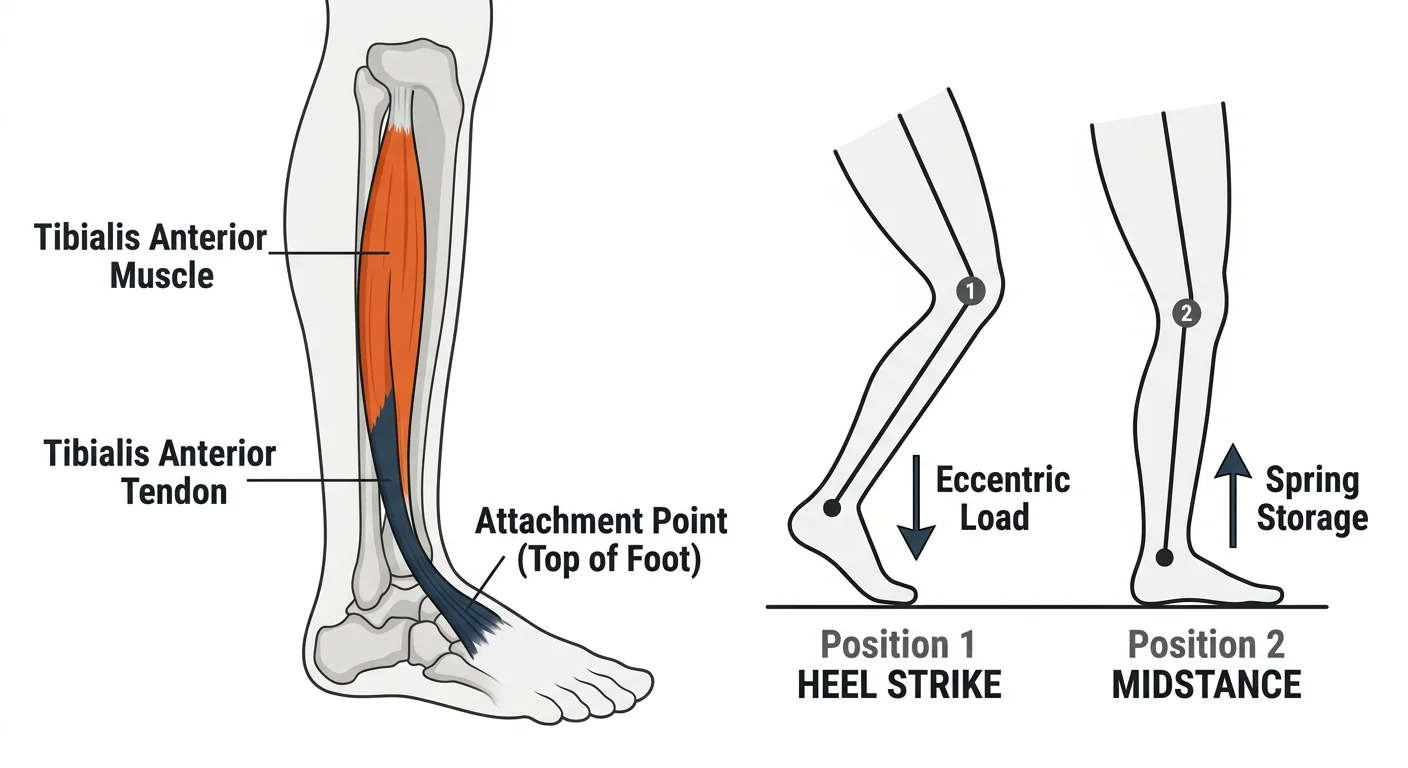 Diagram showing the tibialis anterior muscle and tendon with heel strike and midstance gait positions