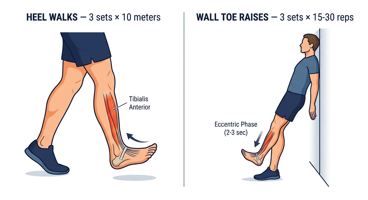 Instructional illustration of heel walks and eccentric wall toe raises for tibialis anterior rehabilitation