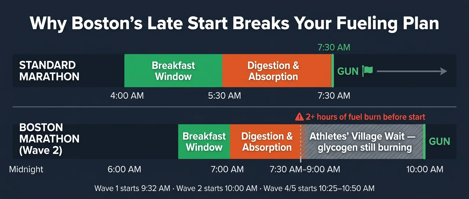Comparison showing how Boston Marathon's late start breaks the standard pre-race fueling window compared to a typical 7:30 AM marathon start