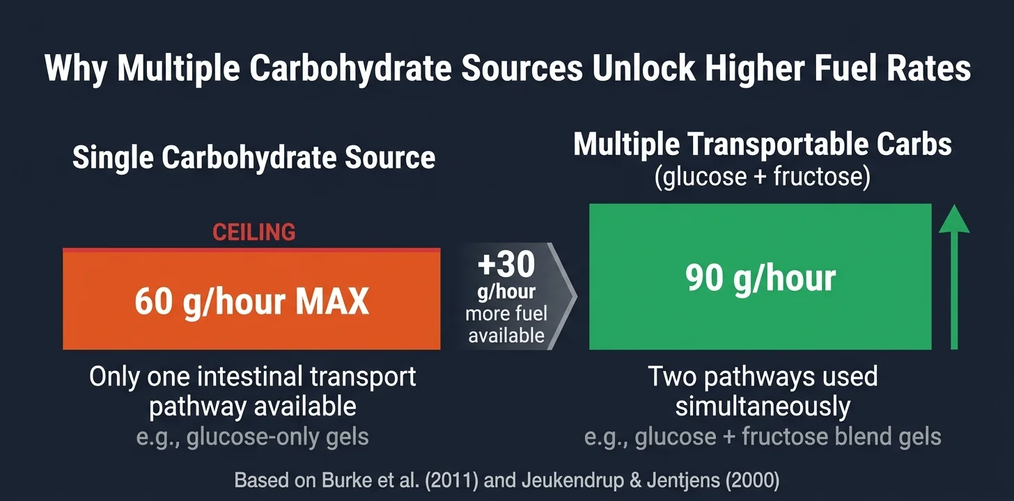 Infographic comparing single carbohydrate source absorption ceiling (60g/hour) vs multiple transportable carbohydrates (90g/hour) for marathon runners