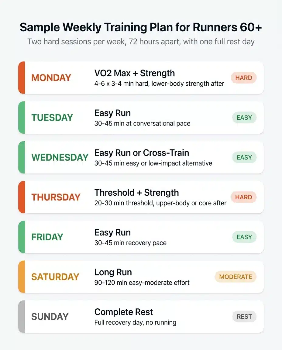 Sample weekly training plan for runners 60 and older showing seven days with hard sessions on Monday and Thursday spaced 72 hours apart, easy days between, a long run on Saturday, and a complete rest day on Sunday
