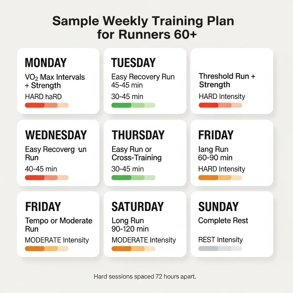 Weekly training schedule for runners 60 and older showing hard sessions spaced 72 hours apart with easy days for recovery