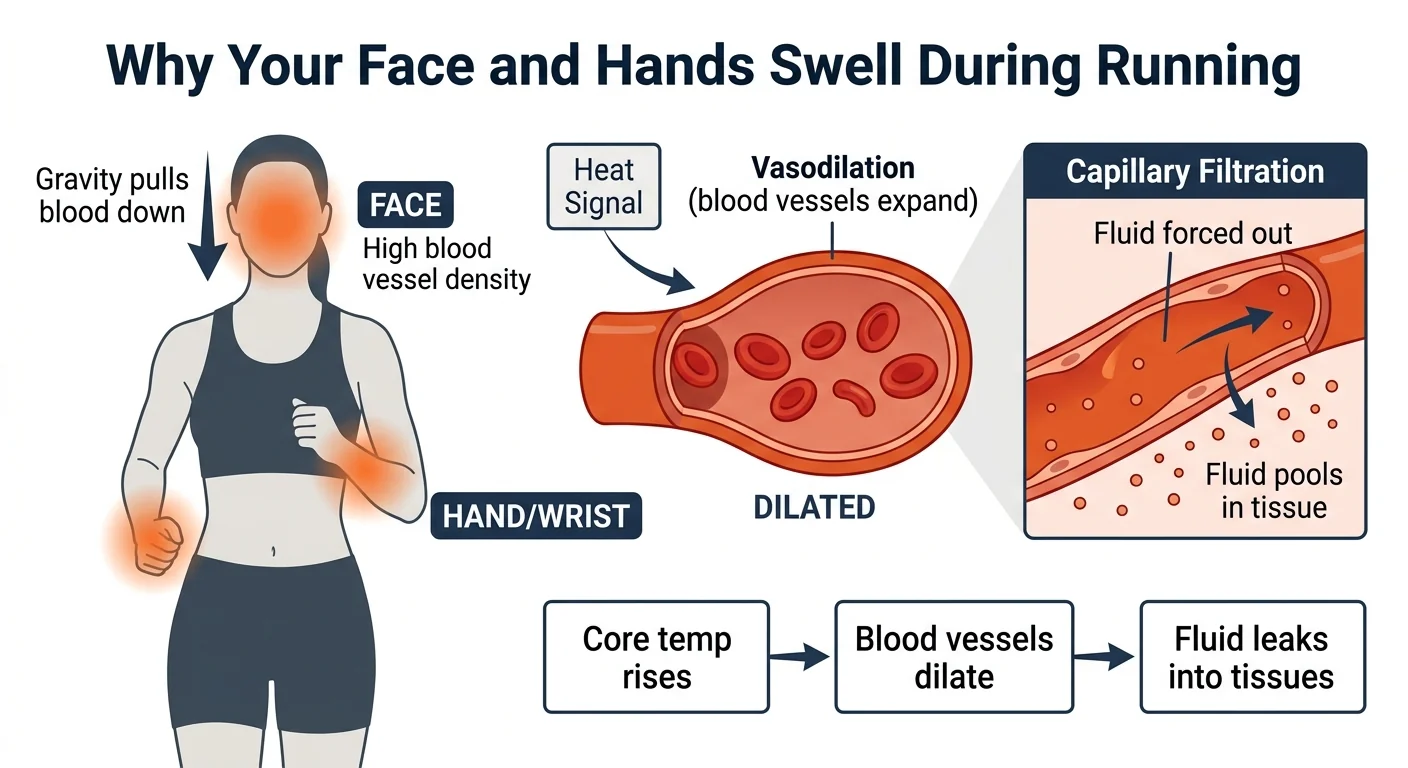 Diagram showing why face and hands swell during running: vasodilation, gravity, and capillary filtration