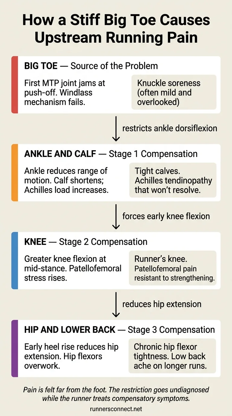 Flow diagram showing how restricted big toe dorsiflexion causes compensatory pain in the ankle, calf, Achilles, knee, and hip during running