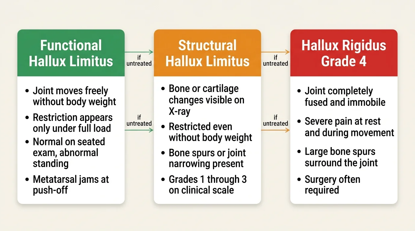Comparison of functional hallux limitus, structural hallux limitus, and hallux rigidus showing progression from Grade 0 to Grade 4