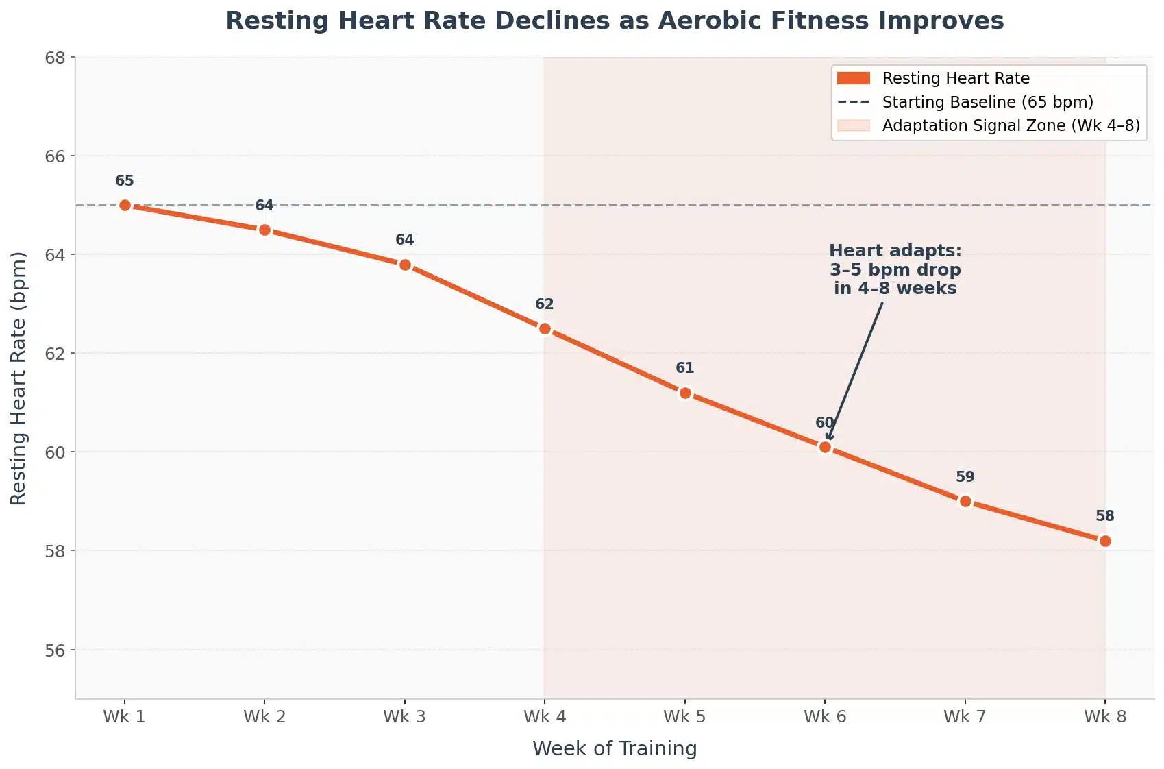 Resting heart rate declining over 8 weeks of aerobic training
