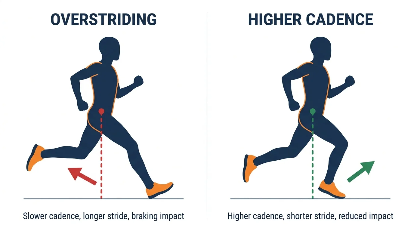 Side-by-side illustration comparing overstriding foot landing position versus higher cadence foot landing beneath body center of mass