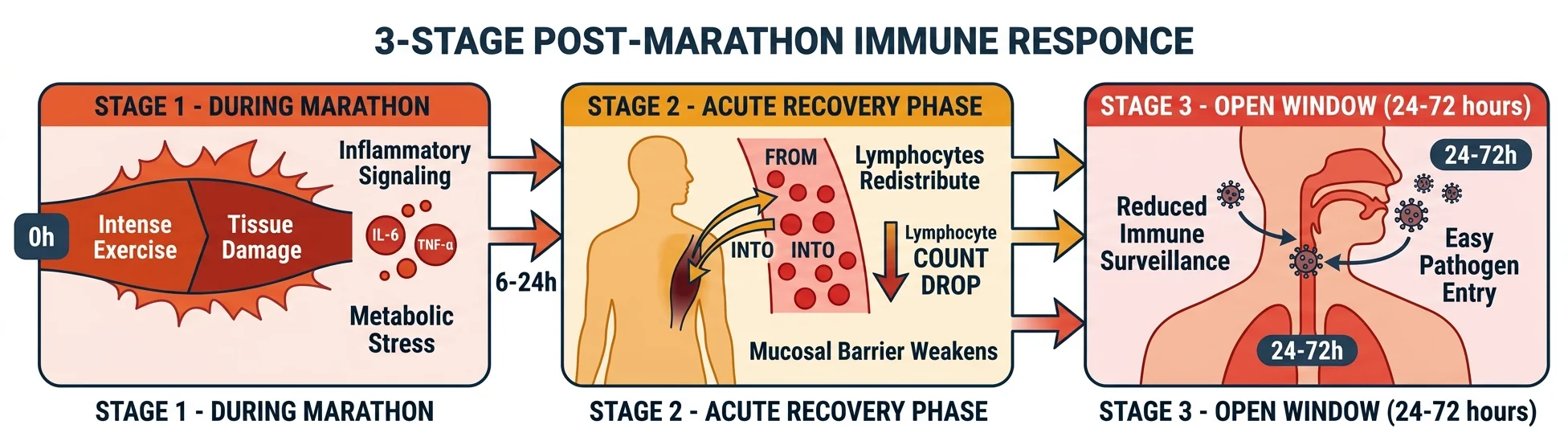 Three-stage diagram showing post-marathon immune response: exercise causes tissue damage and inflammatory signaling, followed by lymphocyte redistribution away from the bloodstream in the recovery phase, creating a vulnerable window of 24-72 hours when pathogens easily enter the upper respiratory tract.