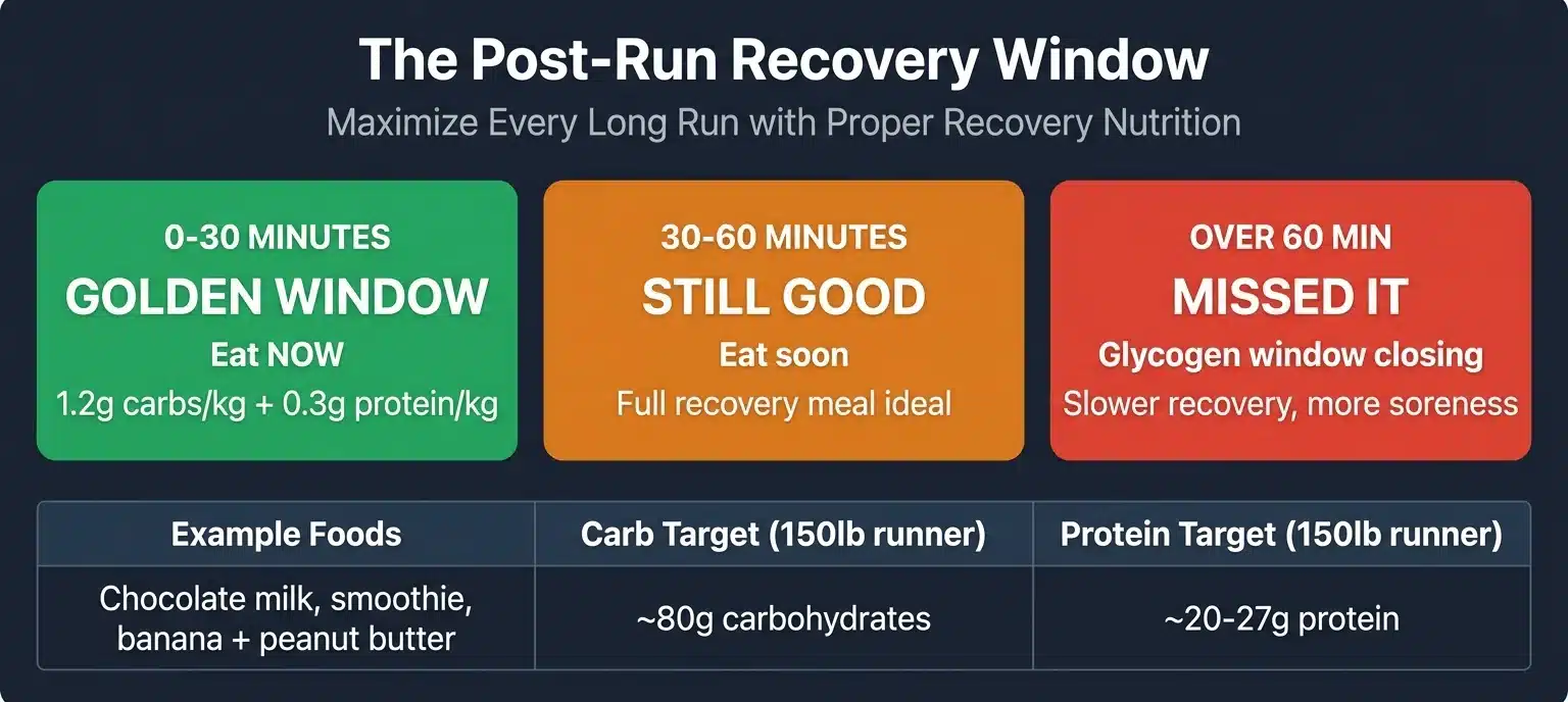Post-run recovery nutrition window — infographic showing the golden 0-30 minute window for carbs and protein