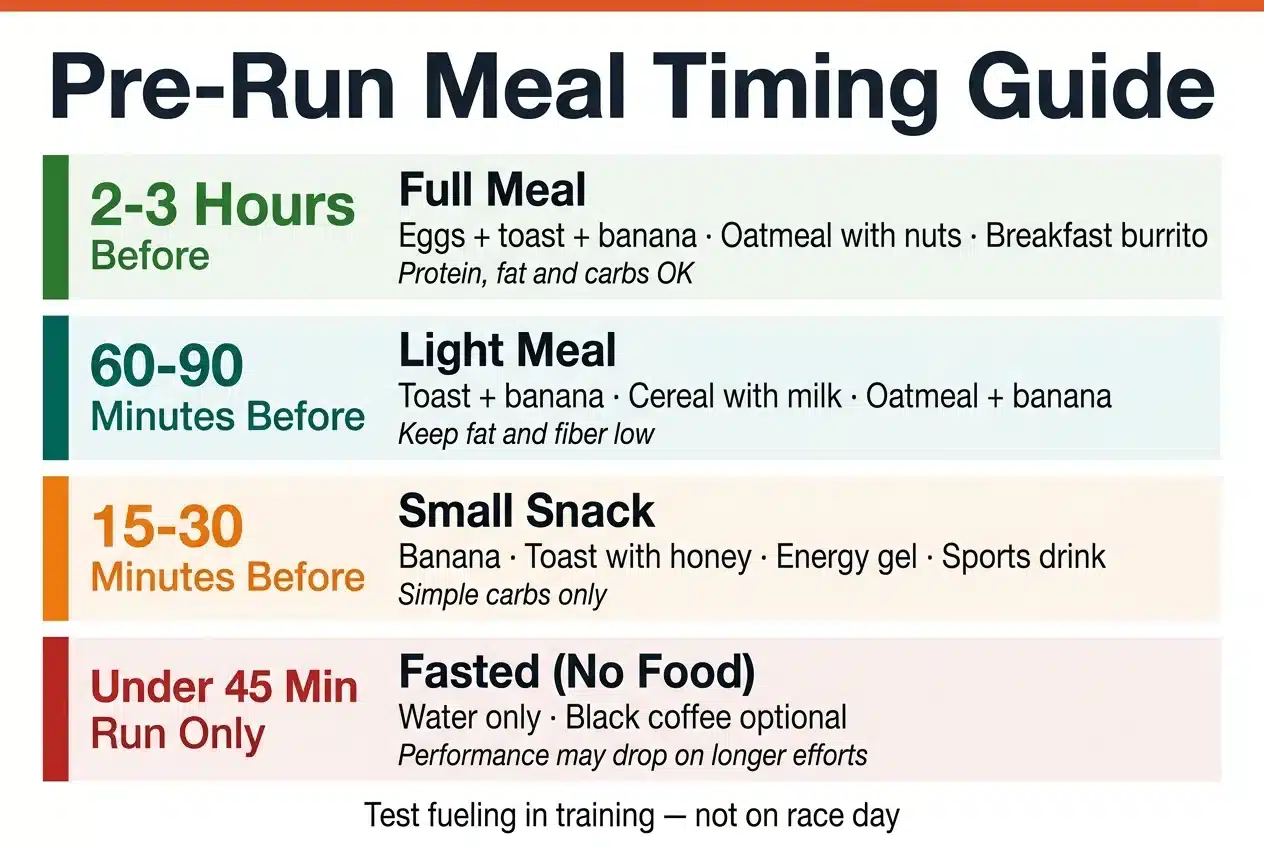Pre-run meal timing guide showing four zones: full meal 2-3 hours before, light meal 60-90 minutes before, small snack 15-30 minutes before, and fasted for runs under 45 minutes