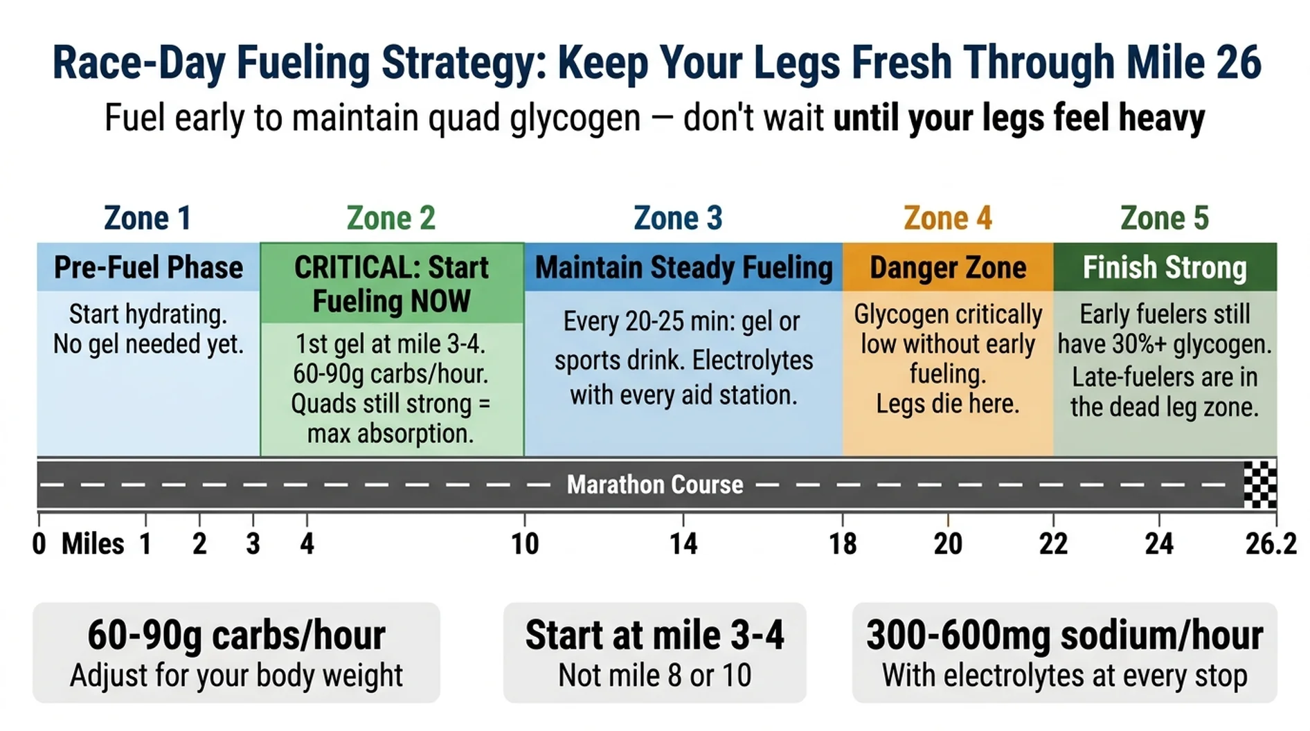 Marathon fueling strategy infographic showing five zones from mile 0 to 26.2 with fueling recommendations