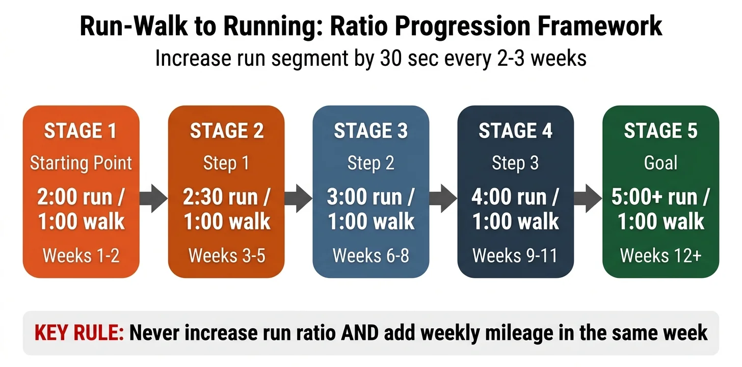 Run-walk to running ratio progression framework showing 5 stages from 2:00 run/1:00 walk to 5:00+ run/1:00 walk