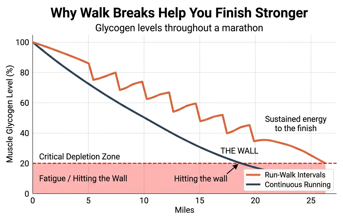 Chart showing glycogen levels throughout a marathon for run-walk intervals vs continuous running