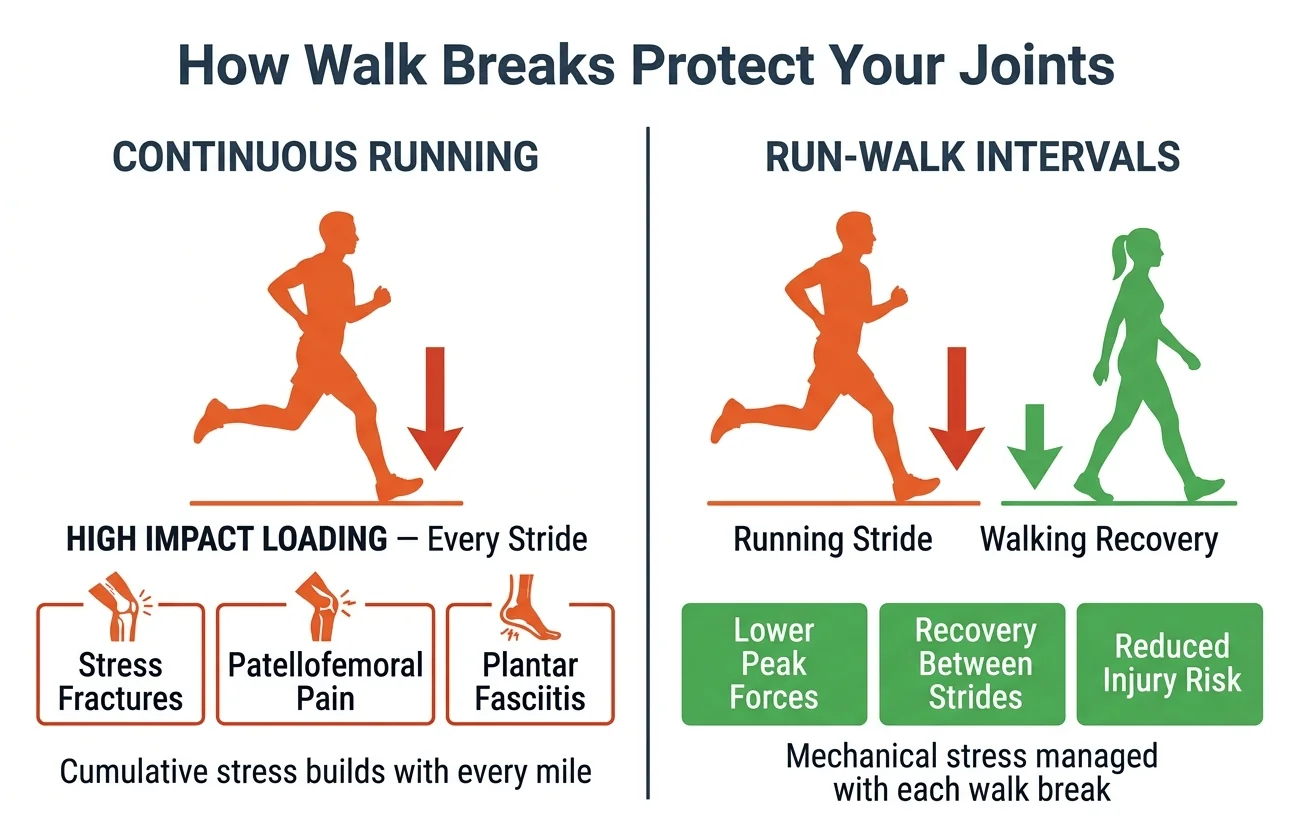 Infographic showing how run-walk intervals reduce joint impact loading compared to continuous running