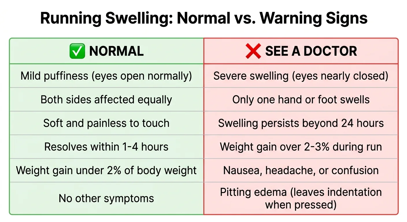Chart comparing normal running swelling vs warning signs that require medical attention