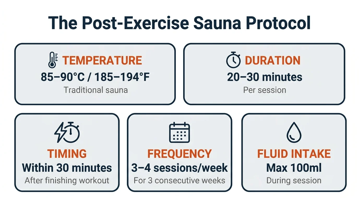 sauna training protocol for runners — temperature, duration, timing, frequency infographic