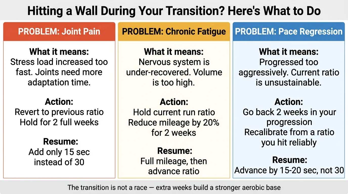 Troubleshooting guide for run-walk to running transition showing how to handle joint pain, chronic fatigue, and pace regression