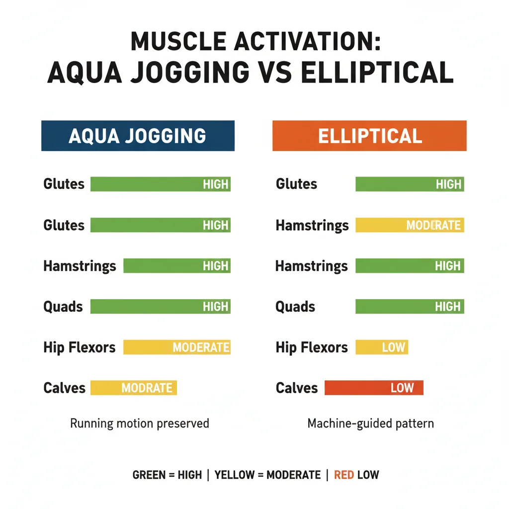Diagram showing muscle activation patterns for aqua jogging vs elliptical training