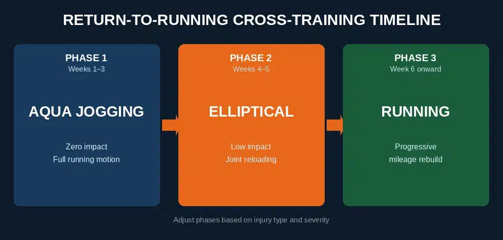 Timeline showing recommended return-to-running protocol using aqua jogging followed by elliptical training