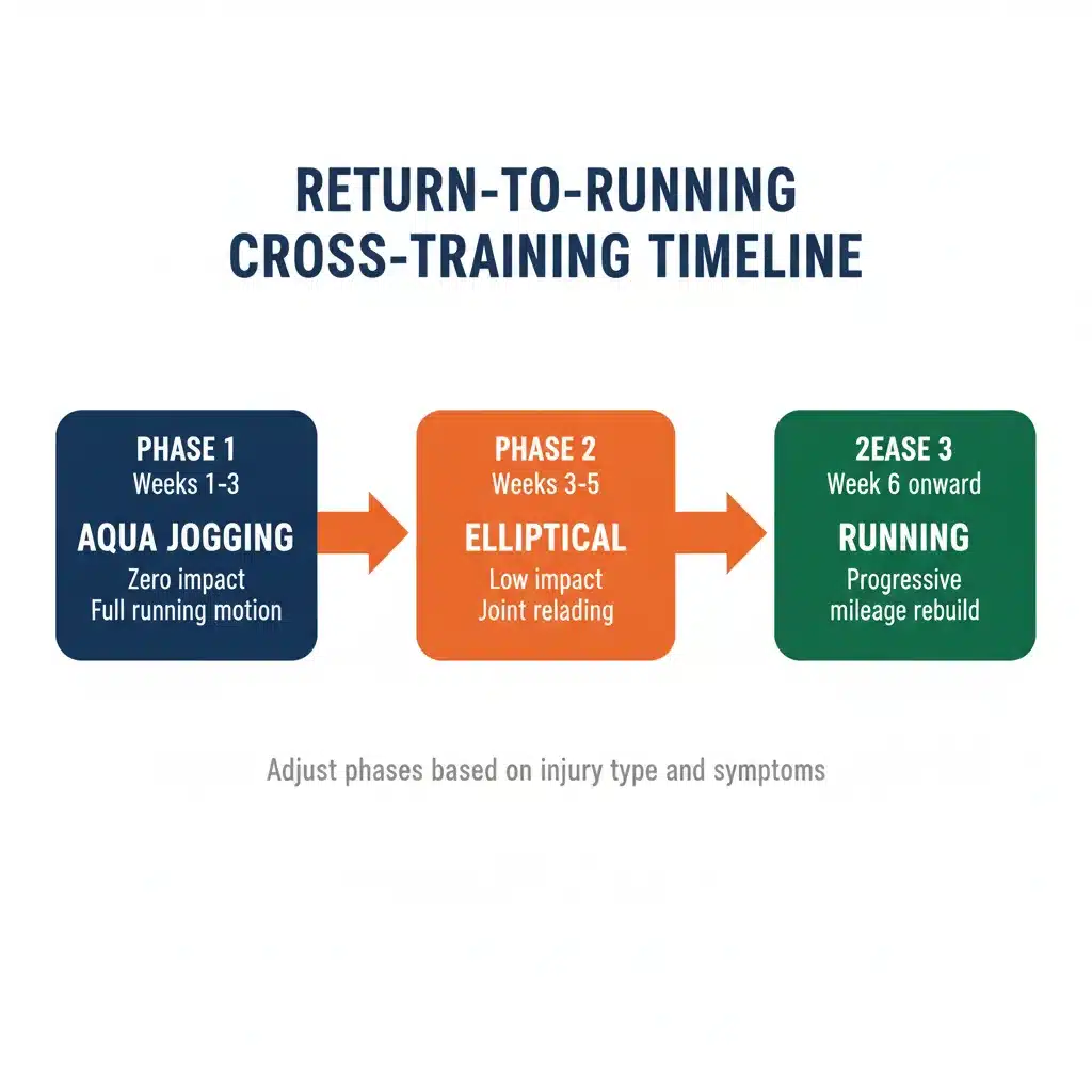 Timeline showing recommended return-to-running protocol using aqua jogging followed by elliptical training