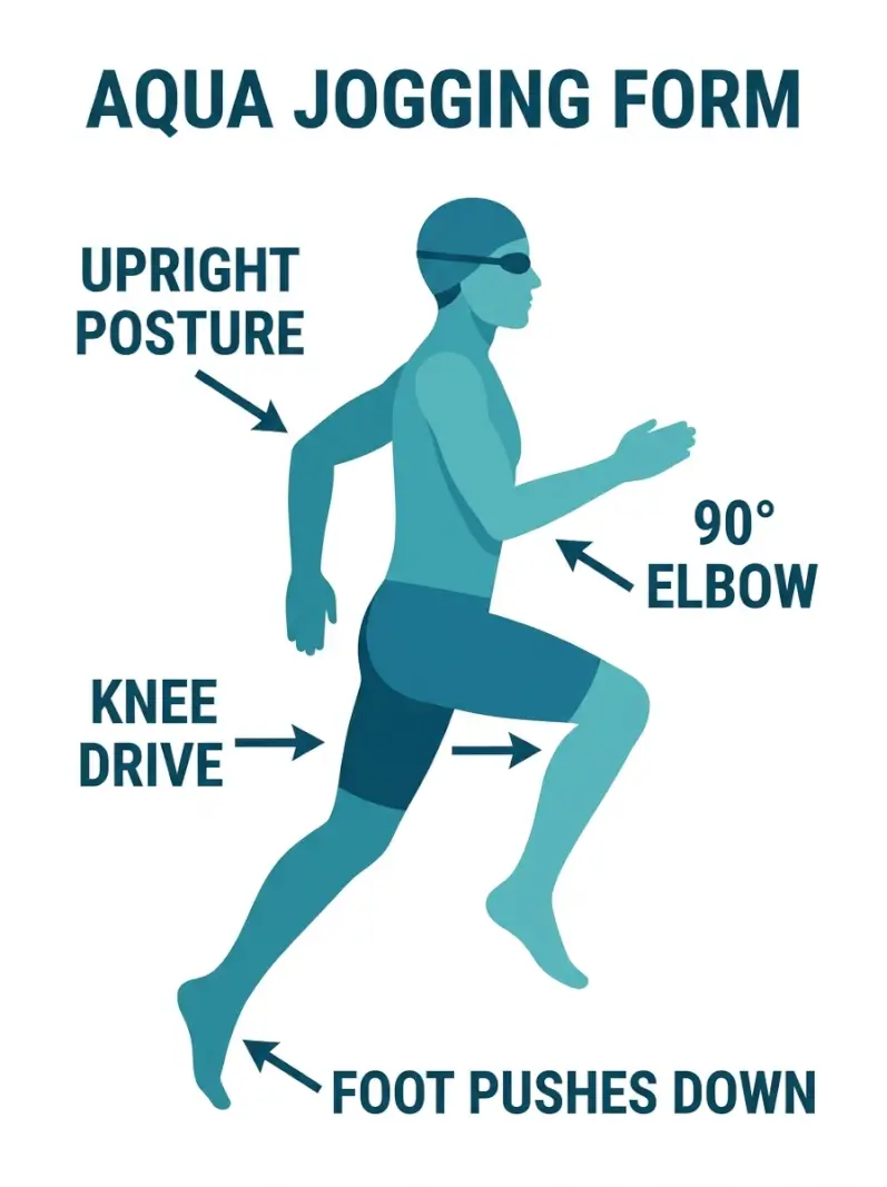 Aqua jogging form diagram showing upright posture, knee drive, 90-degree elbow, and foot push-down