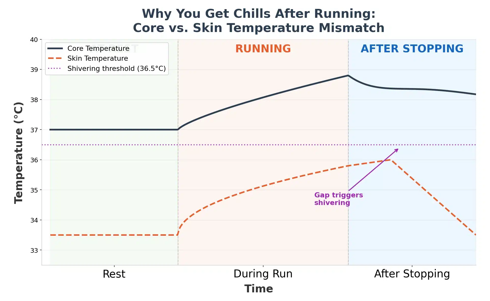 Core vs skin temperature chart showing the mismatch that causes post-run chills