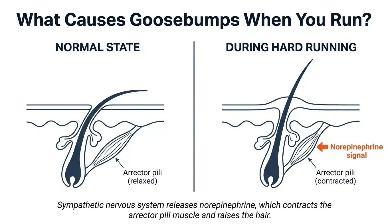 Diagram showing how catecholamines trigger arrector pili muscle contraction causing goosebumps during hard running