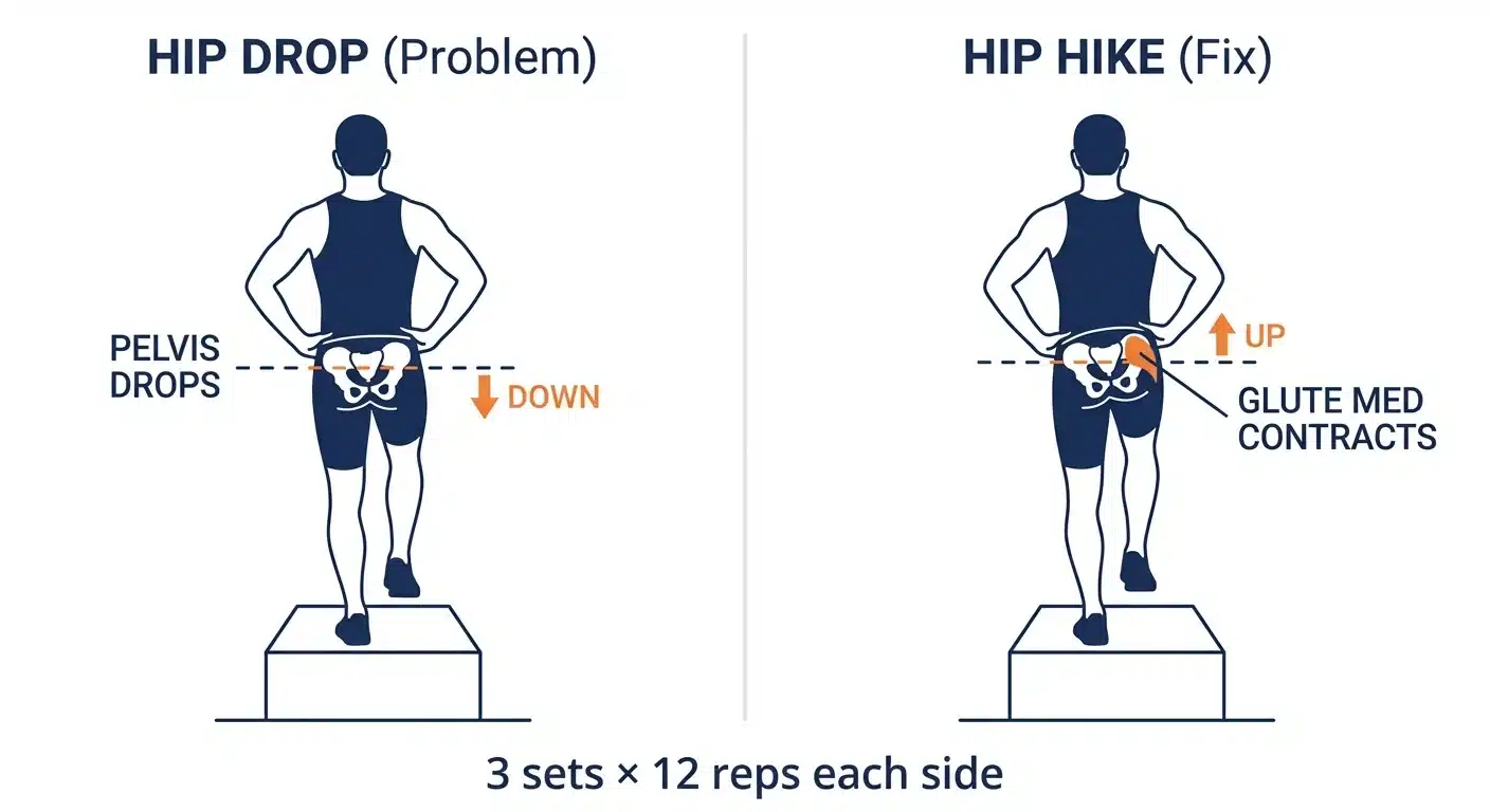 Hip drop vs hip hike exercise diagram showing correct pelvic mechanics for runners
