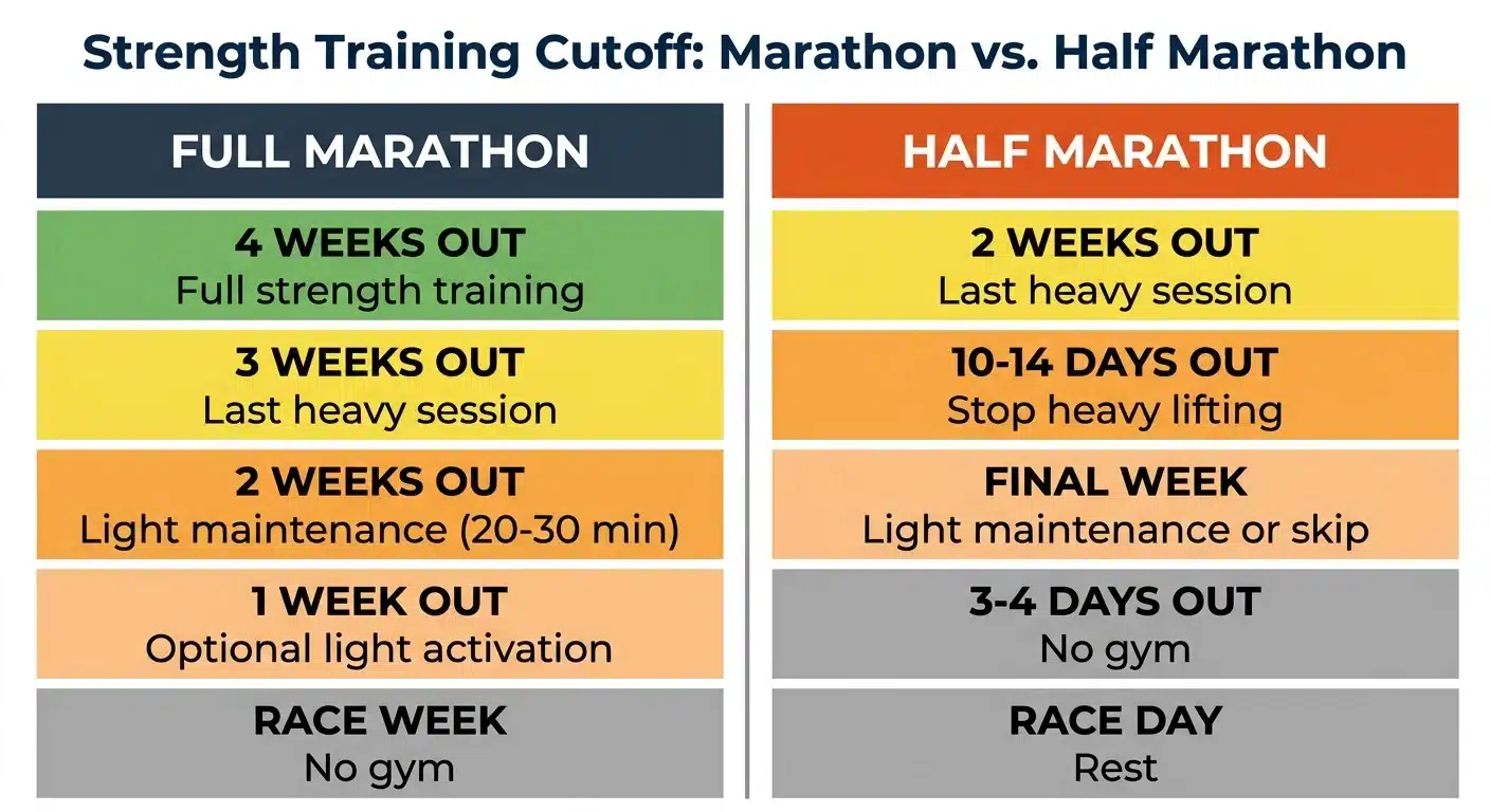 Side-by-side comparison of strength training cutoff timeline for full marathon vs half marathon