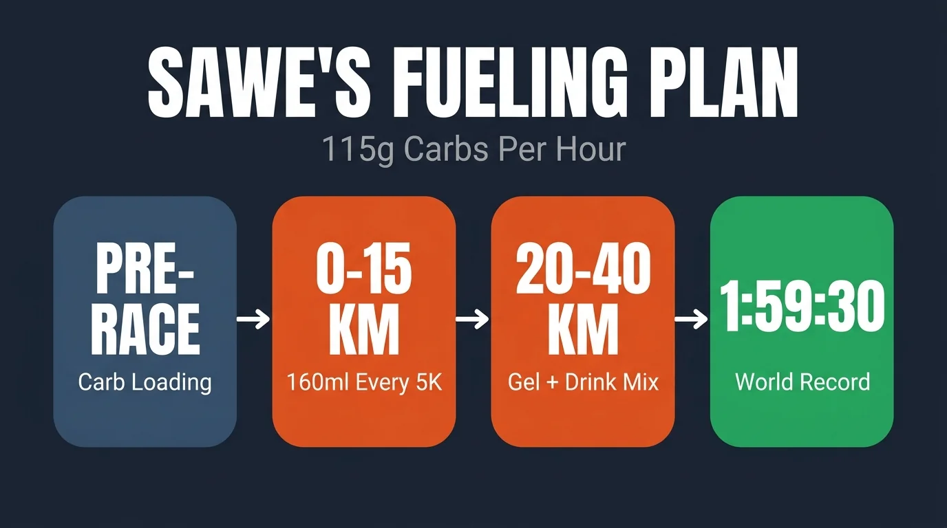 Sawe's London Marathon fueling protocol — 4-station timeline showing Drink Mix 320 at 5K-15K, caffeinated gel at 20K, and 130ml stations through 40K