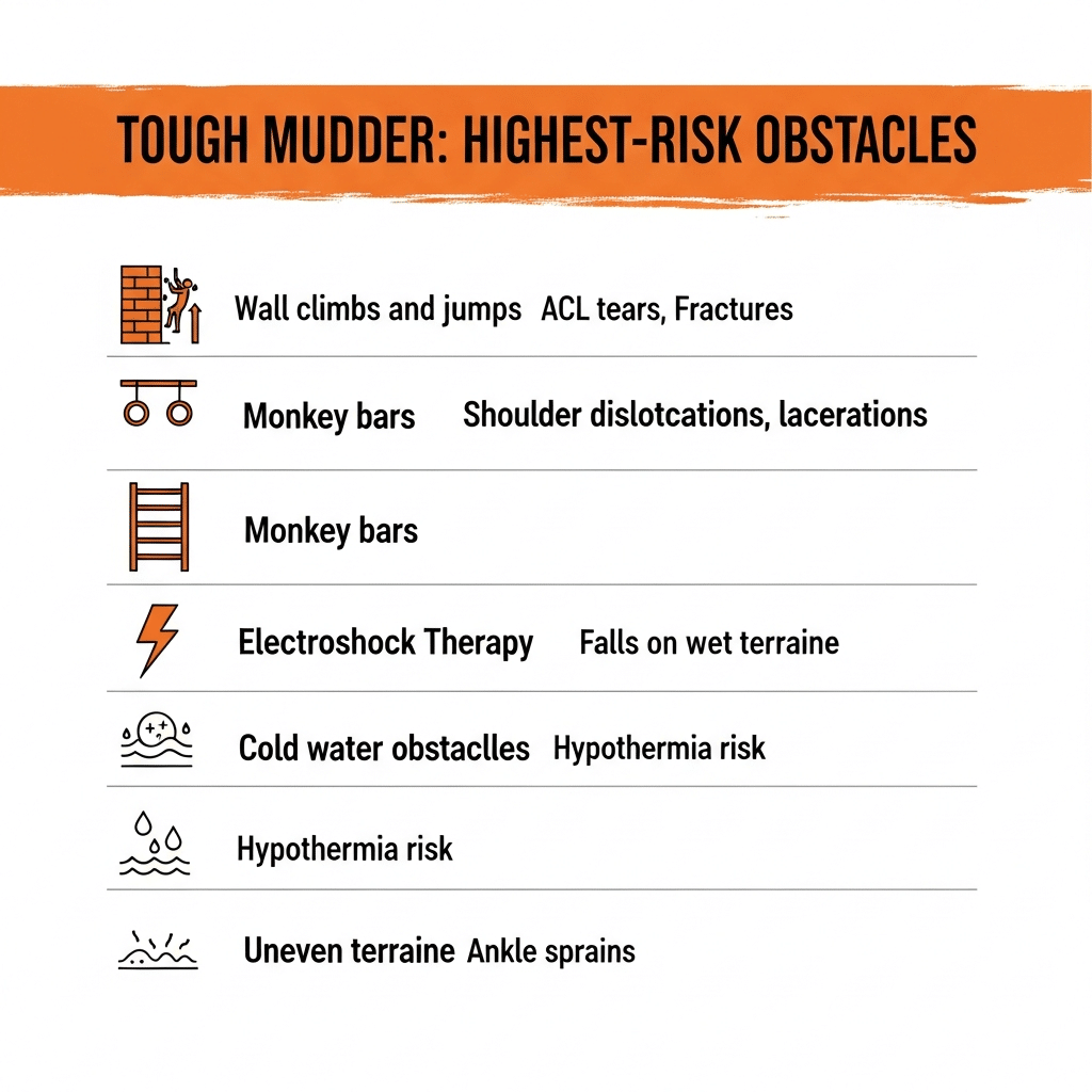 Tough Mudder highest-risk obstacles and associated injuries: wall climbs, monkey bars, Electroshock Therapy, cold water, and uneven terrain