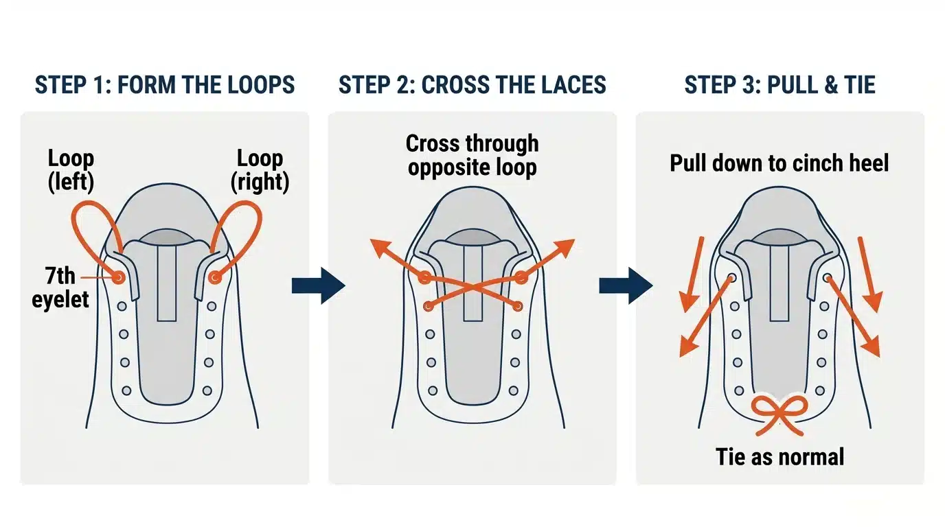 Three-step diagram showing how to tie the heel lock knot in running shoes