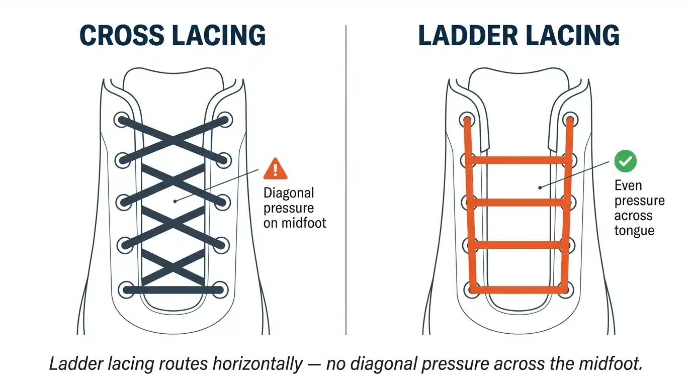 Side-by-side comparison of cross lacing and ladder lacing patterns on running shoes