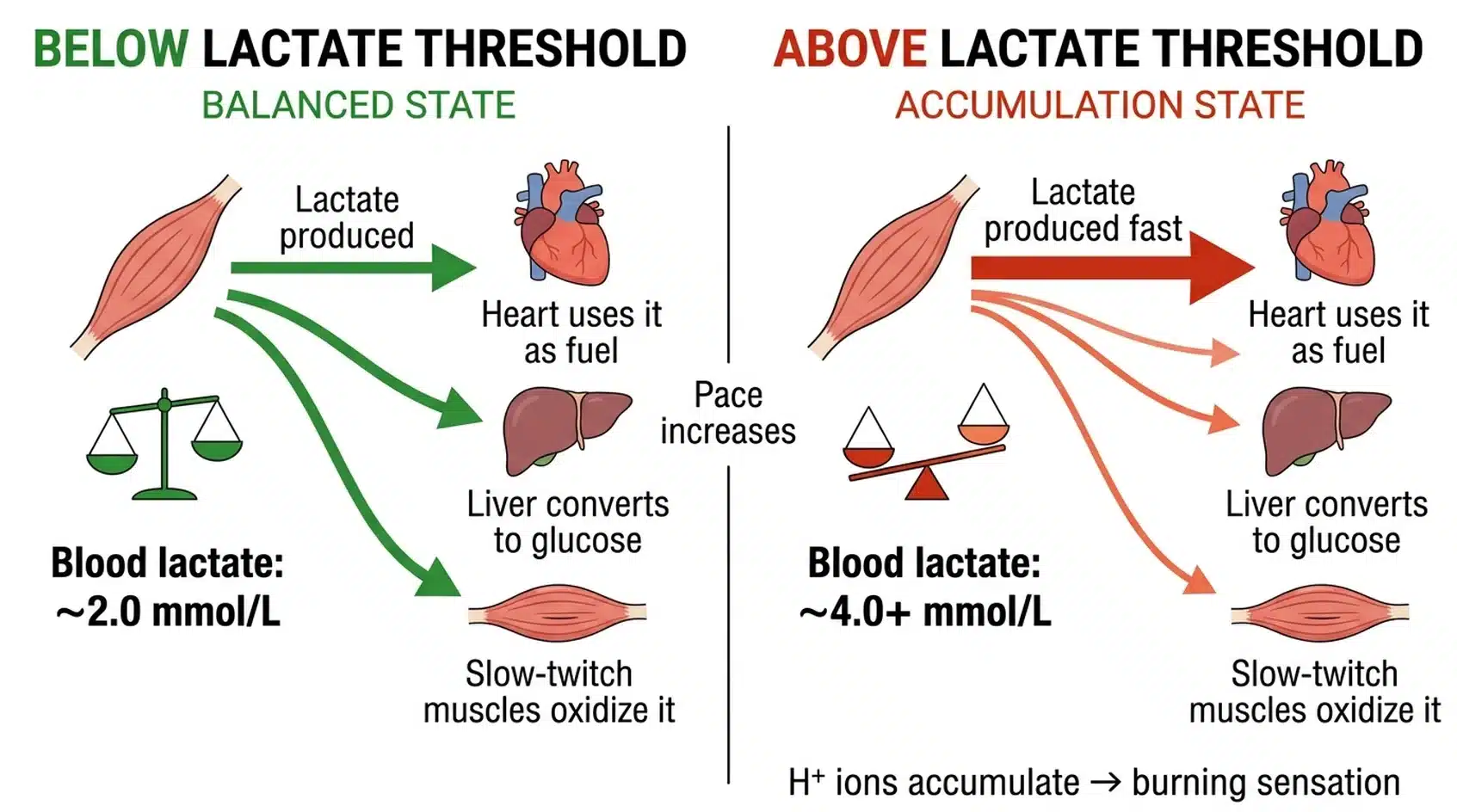 Diagram showing lactate production and clearance balance below and above lactate threshold