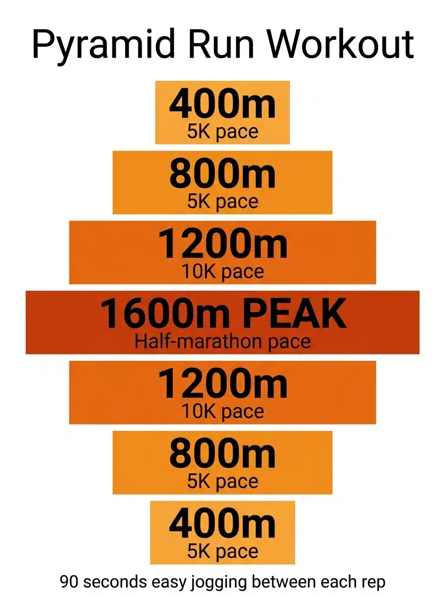 pyramid run workout structure showing 400m 800m 1200m 1600m peak 800m 400m intervals