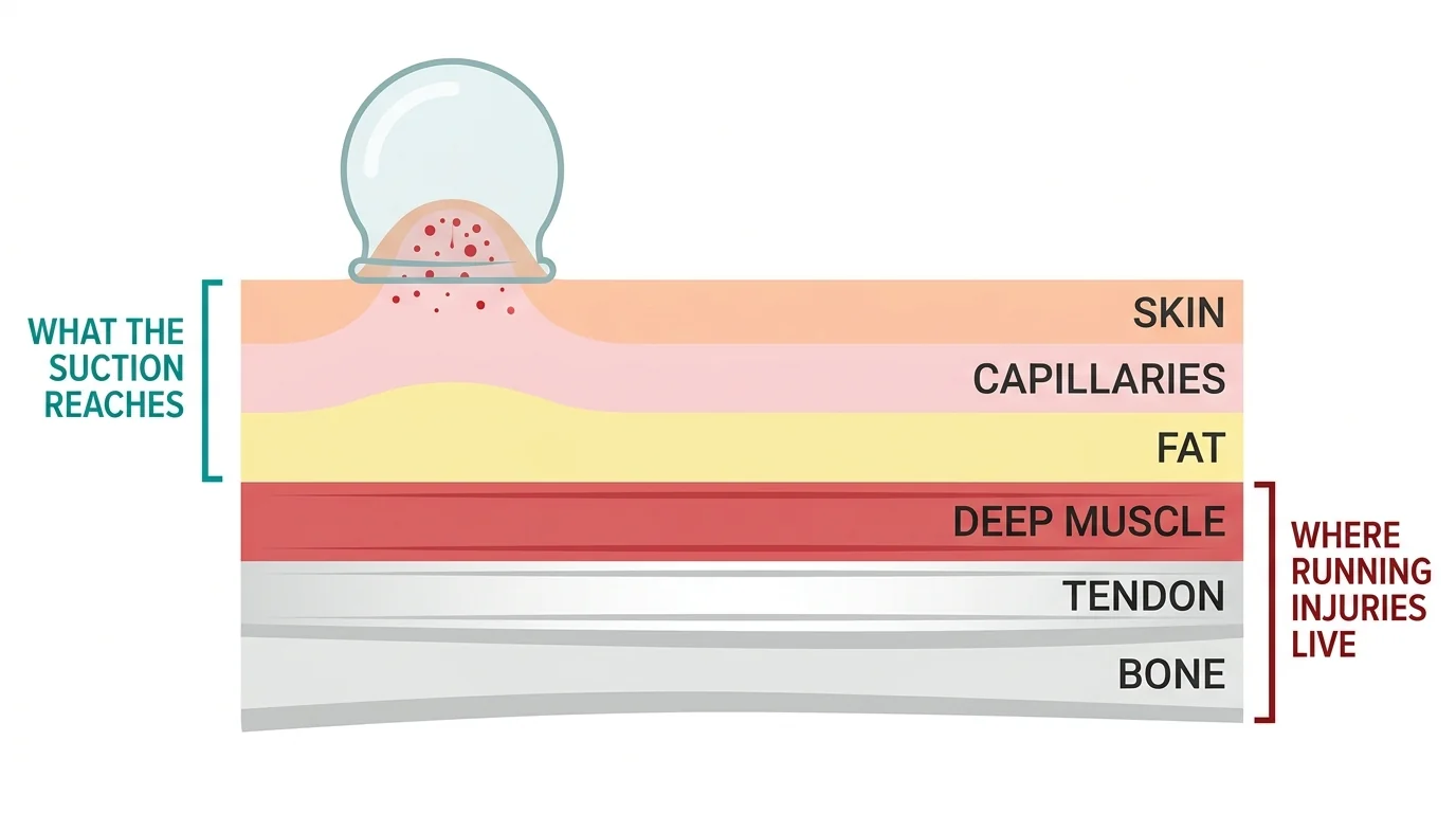 Cross-section diagram showing cupping suction reaches skin, capillaries and fat, while running injuries occur in deep muscle, tendon and bone