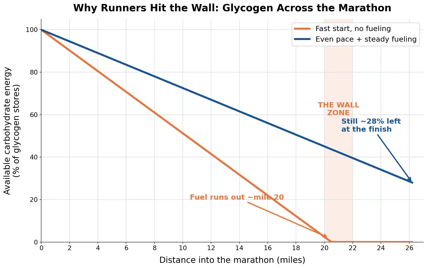 Line chart of carbohydrate energy across a marathon: a fast, unfueled start crashes to empty near mile 20 while an even-paced, fueled run keeps about 28 percent at the finish.
