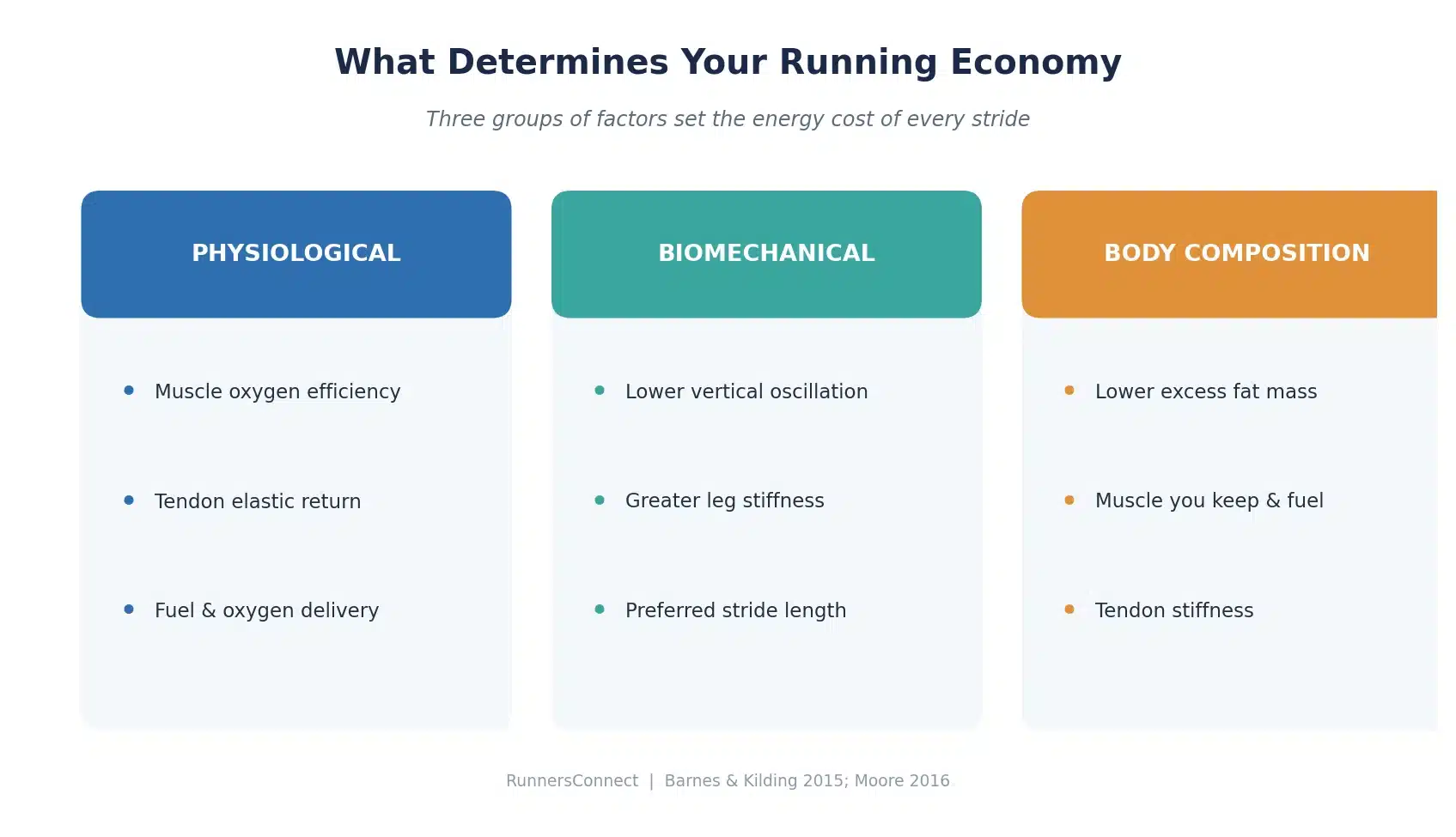 The three groups of factors that determine running economy: physiological, biomechanical, and body composition
