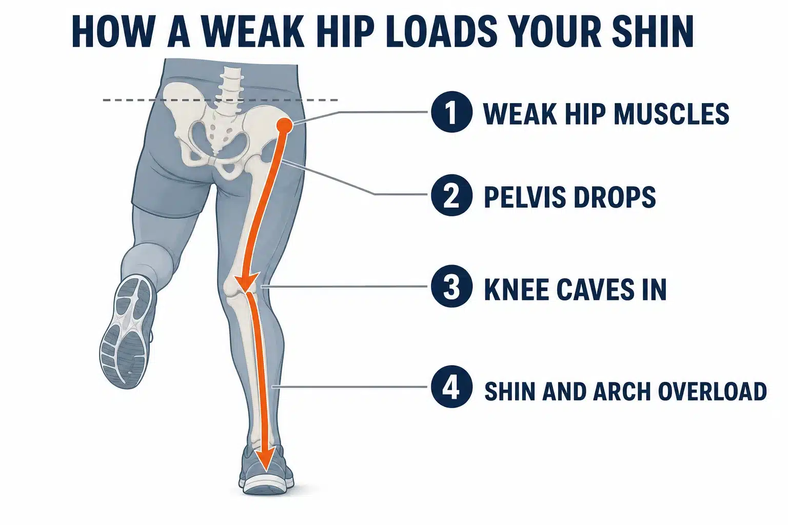 Diagram showing how weak hip muscles cause the pelvis to drop, the knee to cave inward and load to shift to the shin and arch