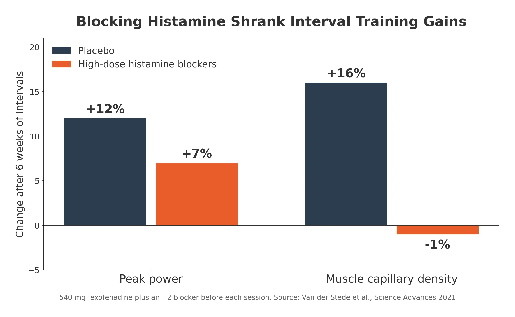 Bar chart showing peak power rose 12% on placebo versus 7% on high-dose histamine blockers, and muscle capillary density rose 16% versus -1% after 6 weeks of interval training