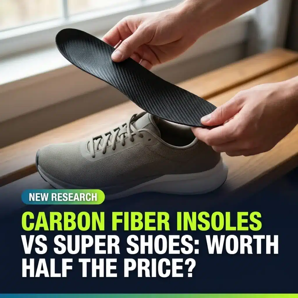Hands sliding a carbon fiber insole into a running shoe