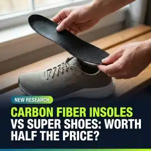 Hands sliding a carbon fiber insole into a running shoe