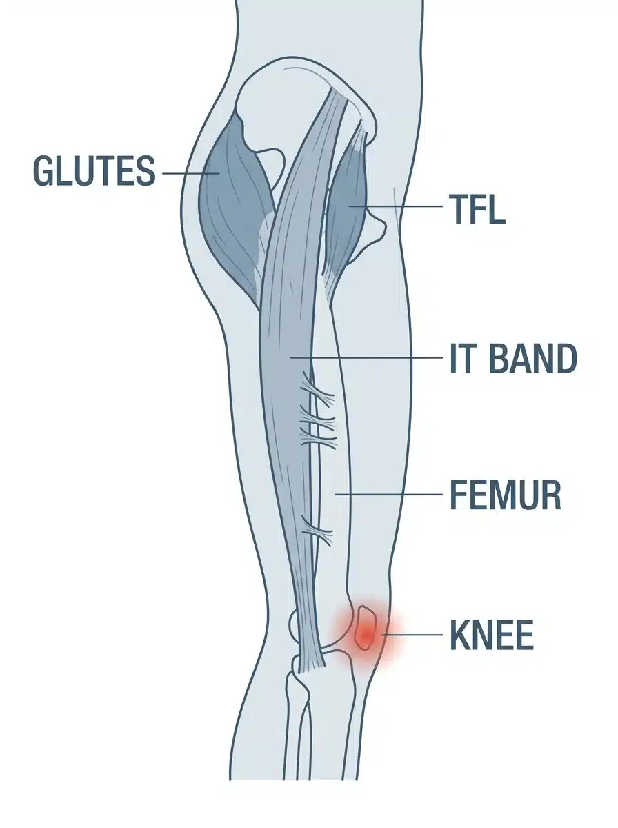 Anatomy diagram of the IT band showing the glutes, TFL, femur, and the compression point at the outer knee