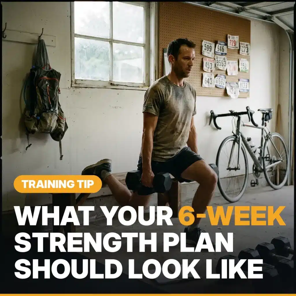 Runner doing split squats with dumbbells in a home garage gym