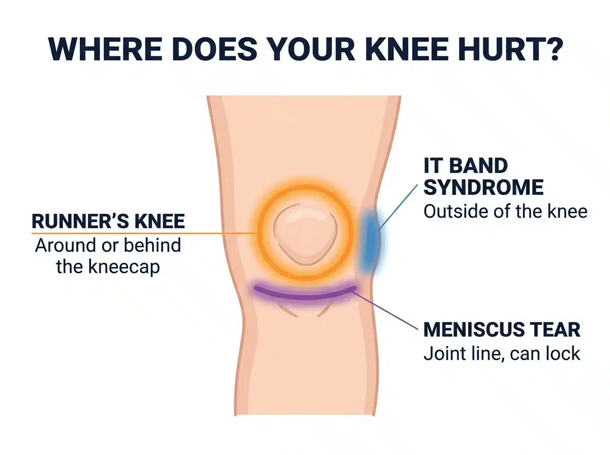 Front view of a knee showing where each injury hurts: runner's knee around or behind the kneecap, IT band syndrome on the outside of the knee, and a meniscus tear along the joint line, where it can cause locking