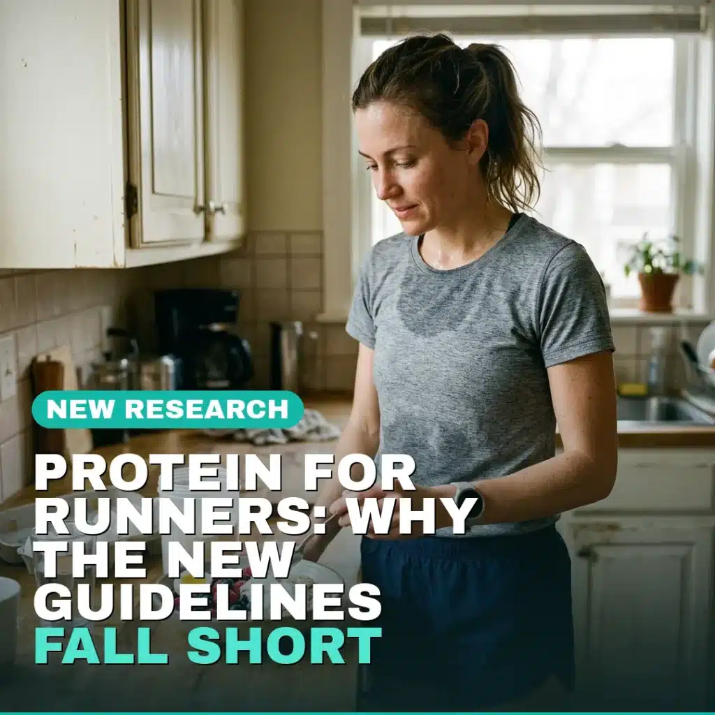 Runner adding protein powder to oatmeal after a morning run