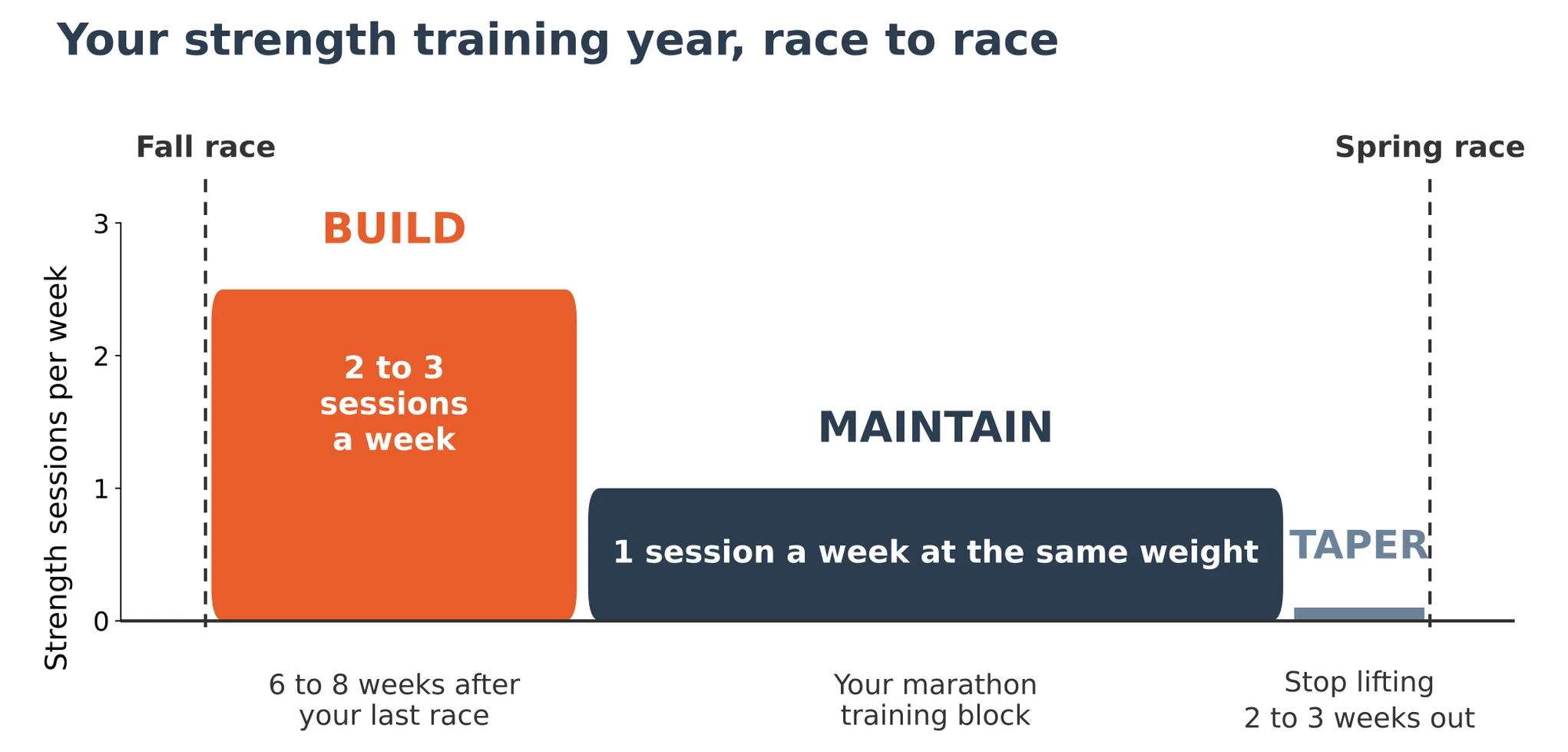 Runner's strength training year: build 2 to 3 sessions a week, maintain 1 a week, stop 2 to 3 weeks before the race